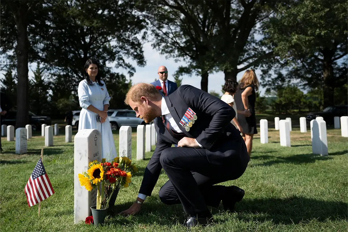 On Aug. 19, 2026, Prince Harry participated in a public wreath-laying ceremony at the Tomb of the Unknown Soldier at Arlington National Cemetery. He also visited Sections 60 and 57 of ANC, where he paid his respects at the gravesites of service members and met with their families.