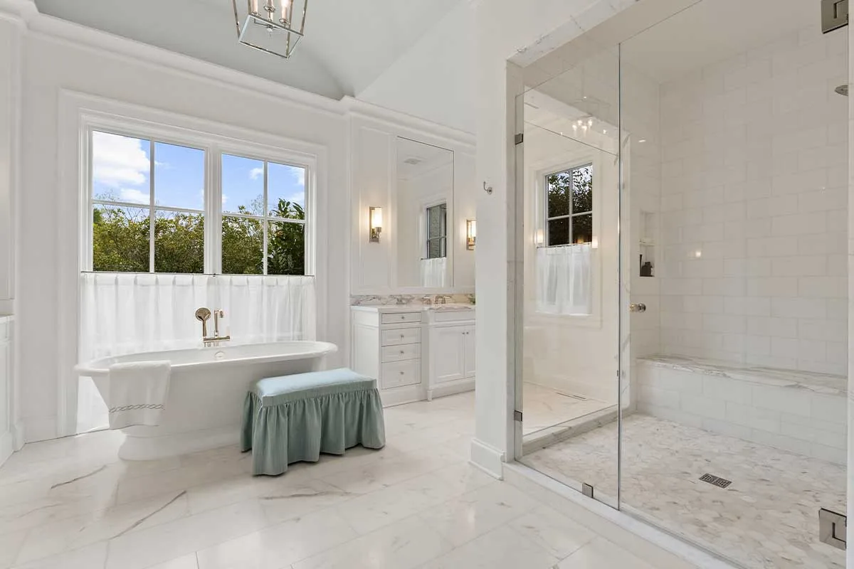 spa-like bathroom with soaking tub and walk-in shower