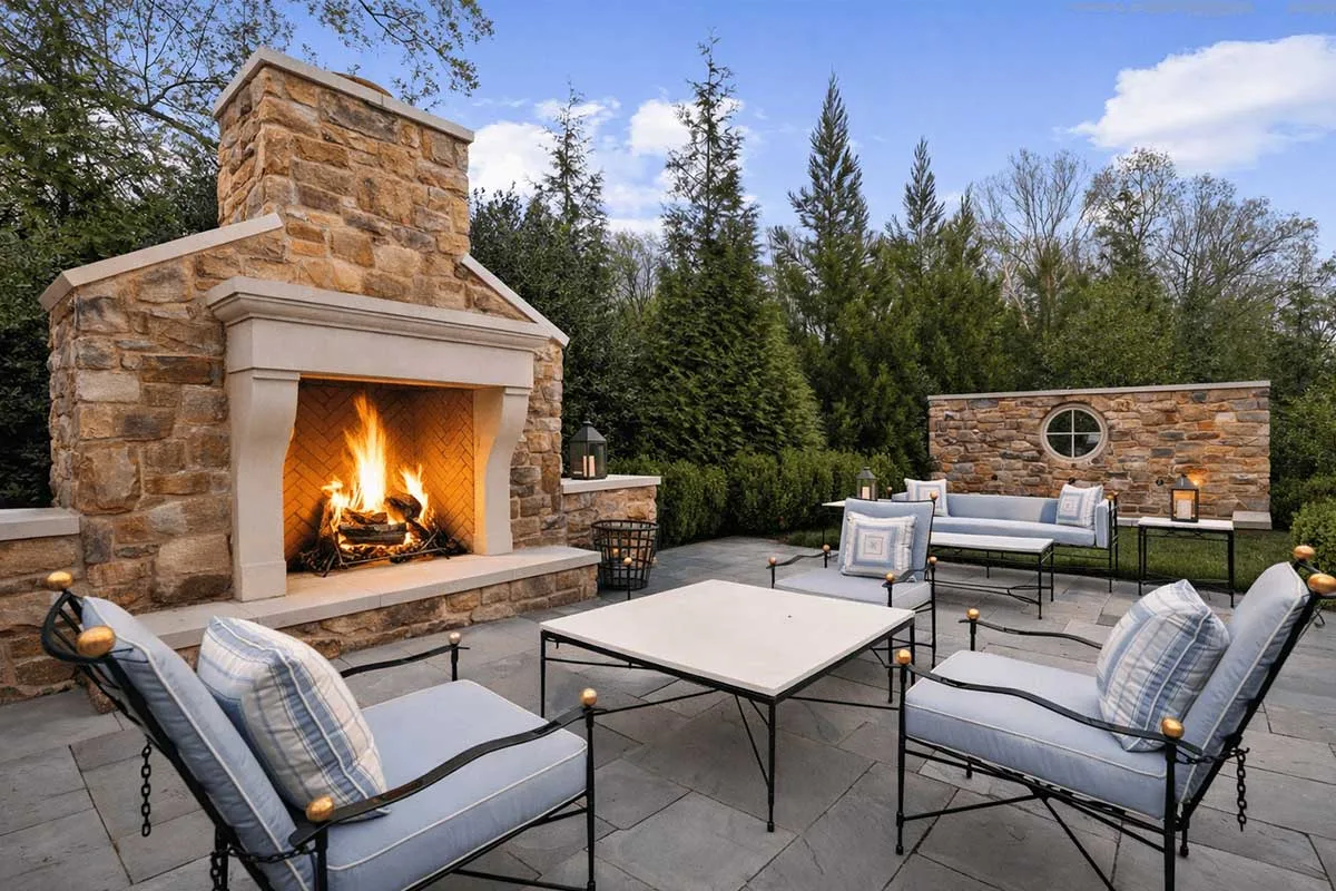 terrace with stone fireplace
