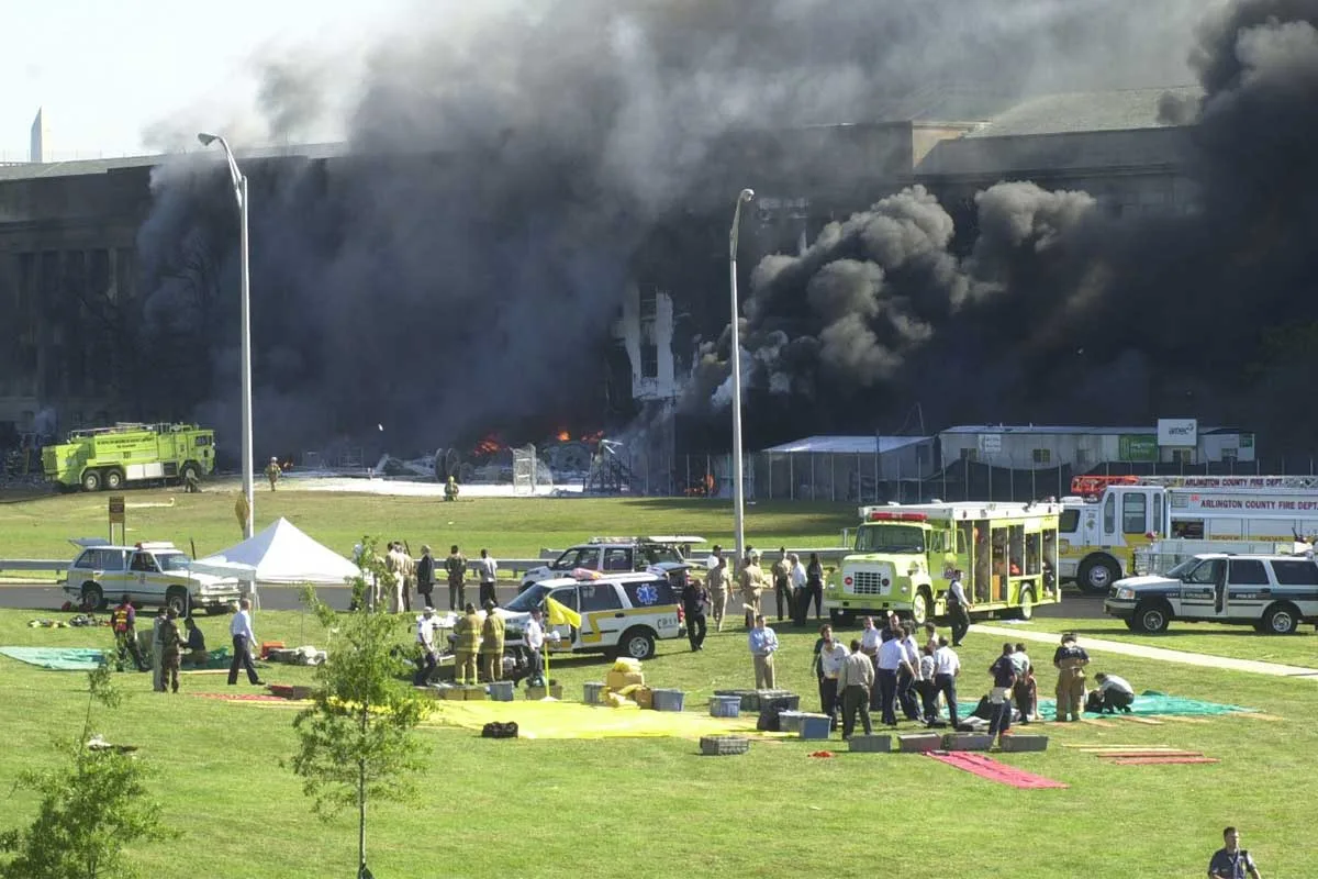 emergency response teams begin preparing triage areas outside of the pentagon on 9/11