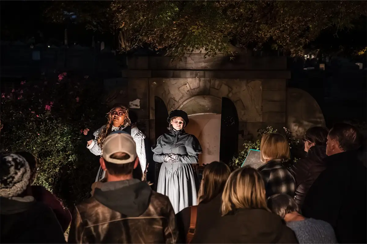 Actors performing to crowd Congressional Cemetery Soul Strolls