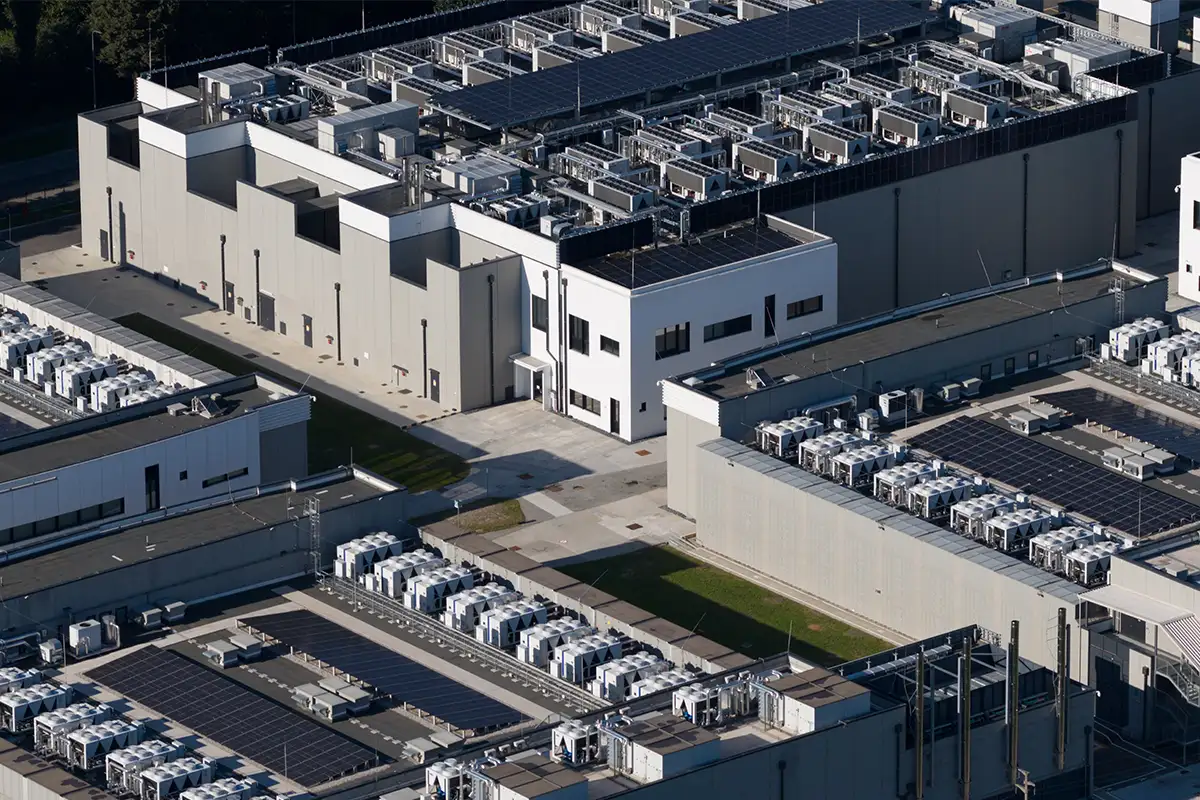 an aerial exterior view of a data center