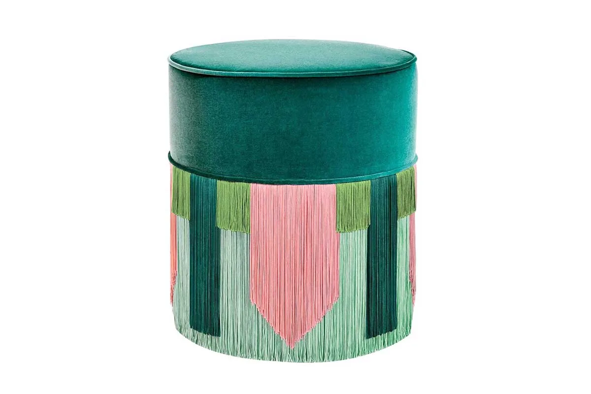 green and pink velvet fringe pouf