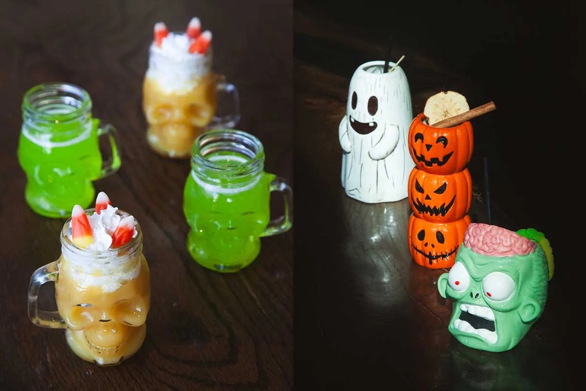 cocktails in Halloween-shaped glasses
