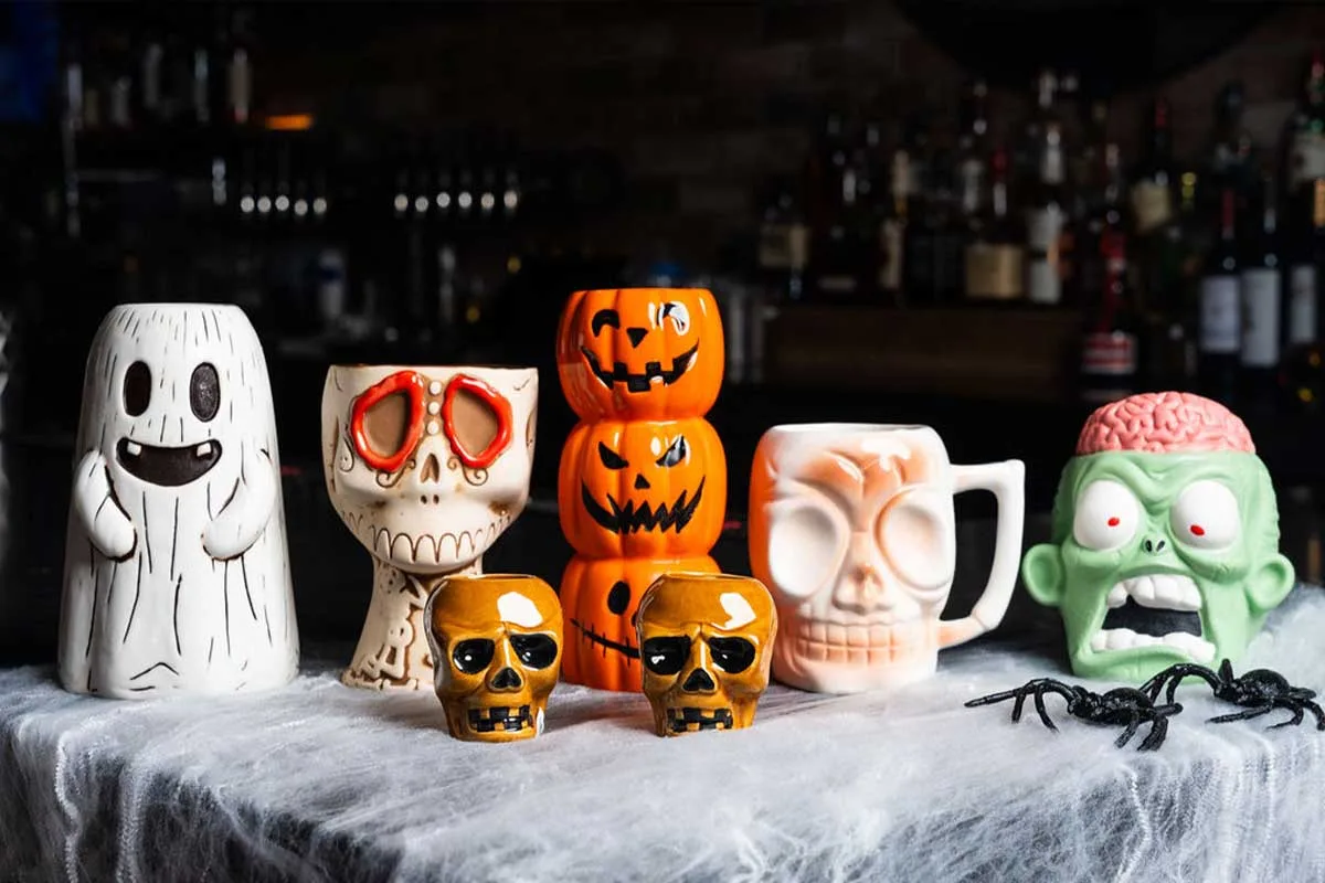 halloween-themed glasses and mugs