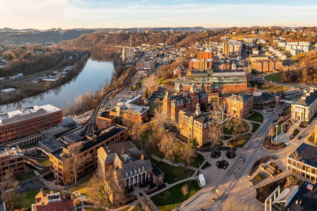 aerial shot of west virginia university campus