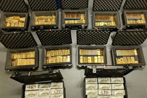 gold bars and stacks of cash lined up in bins on the floor