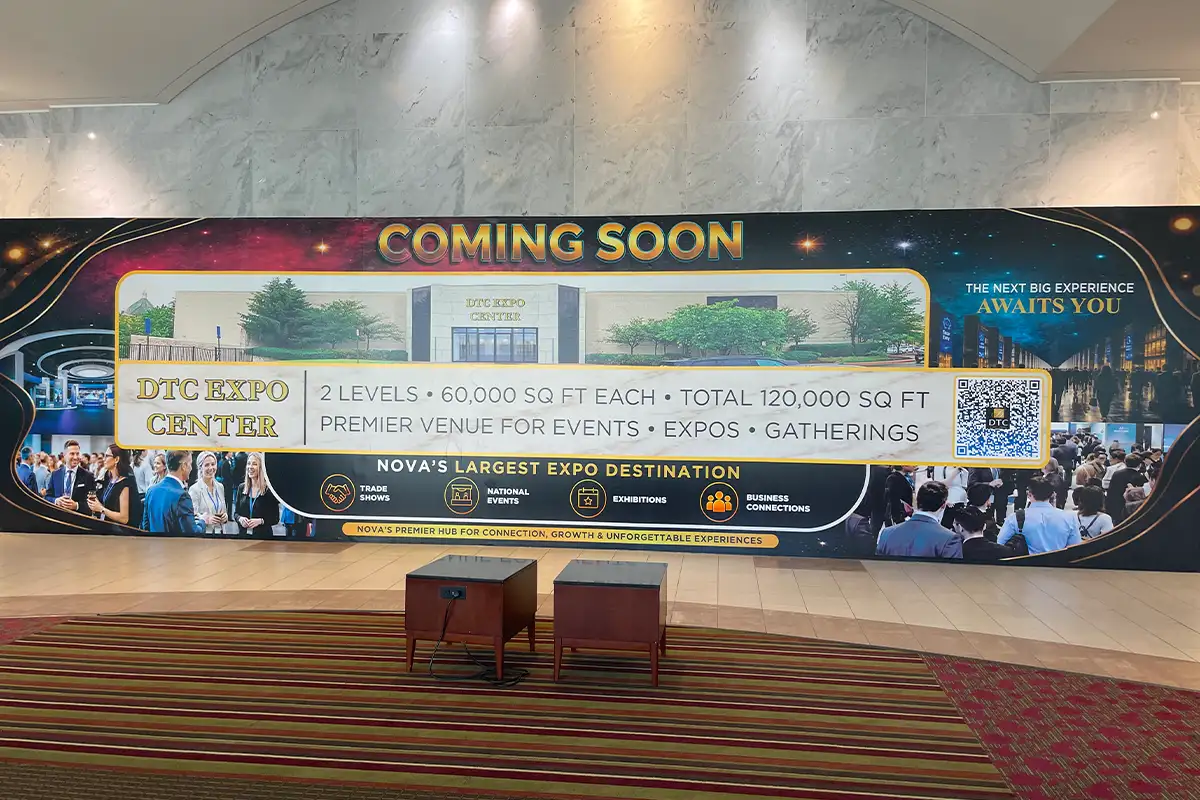 Photo of the new Dulles Expo Center sign on the interior of the Dulles Town Center