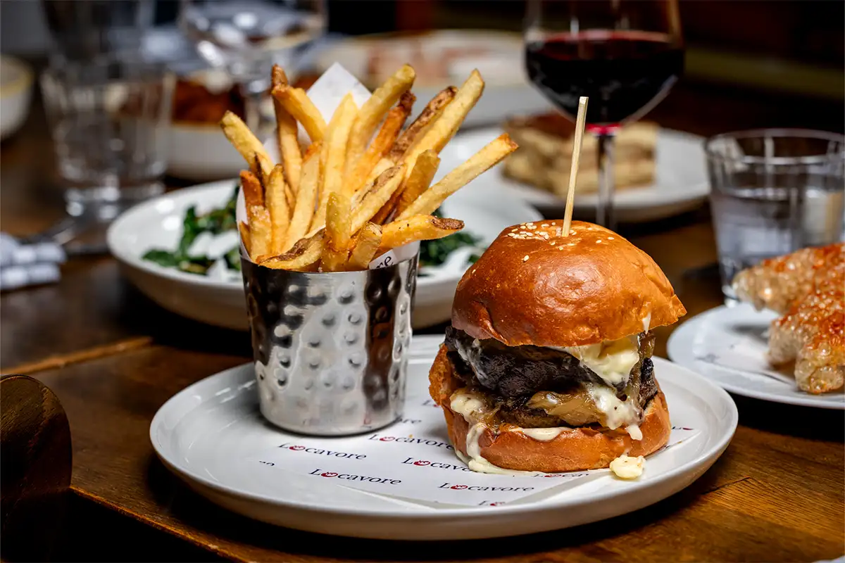 a burger and fries at Locavore Burger in Fredericksburg