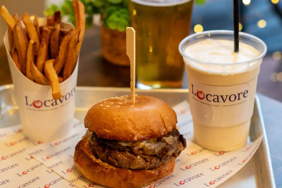 a burger, fries, and a milkshake from Locavore Burger in Fredericksburg