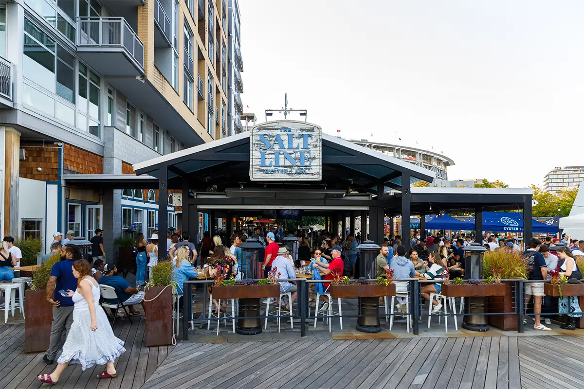 Wide view photo of The Salt Line oyster bar and restaurant on the Anacostia Rive