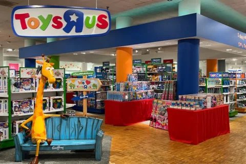 The interior of a Toys R Us store with games and toys