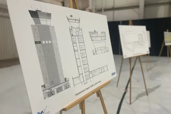 Easel display of layout structure for the new Air Traffic Control Tower at the groundbreaking ceremony at Washington Manassas Airport .