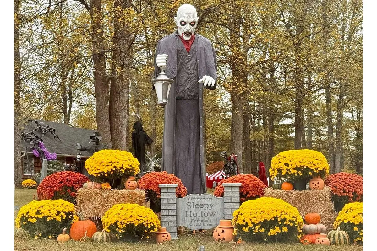 12-foot halloween animatronic surrounded by mums