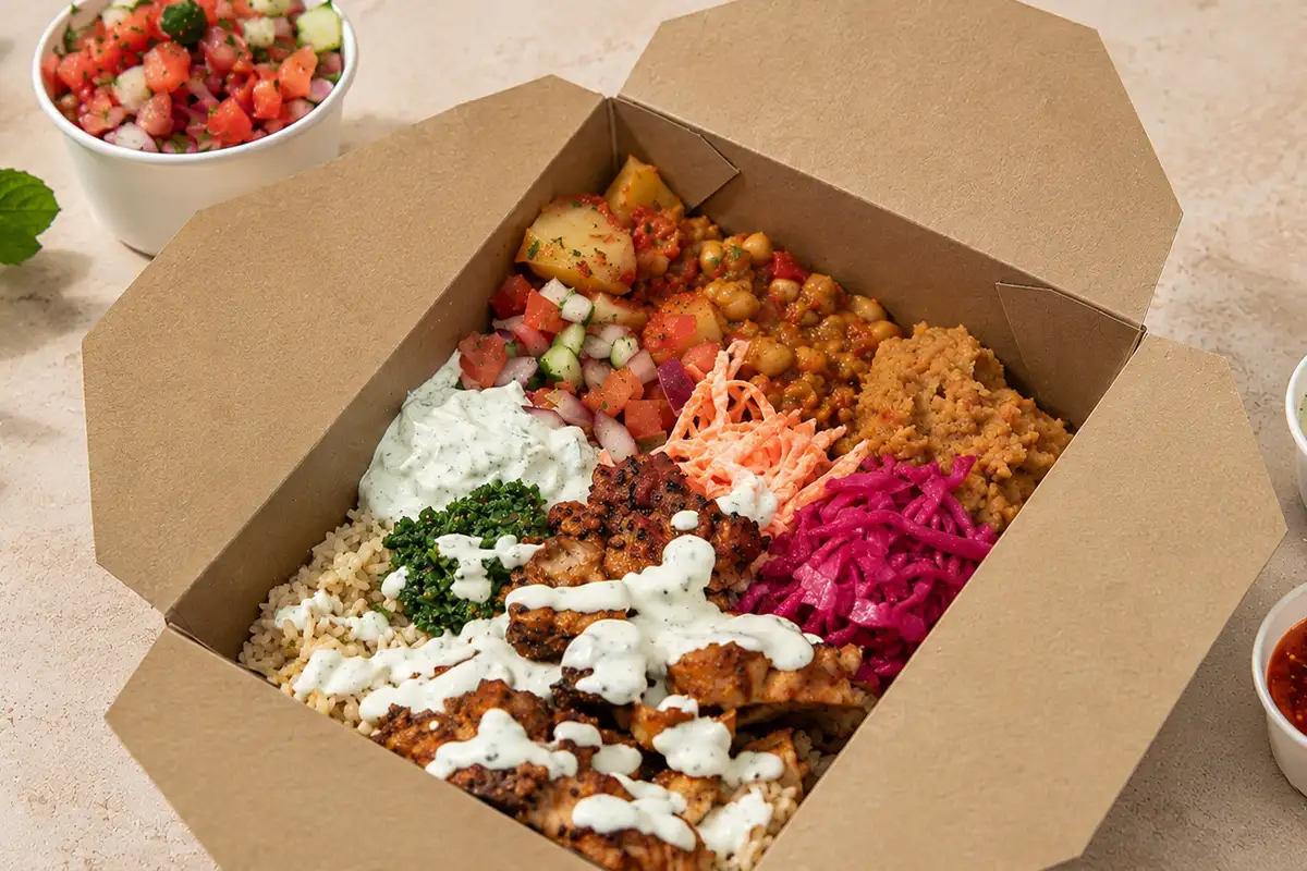 food in a to-go box at Polau Grill
